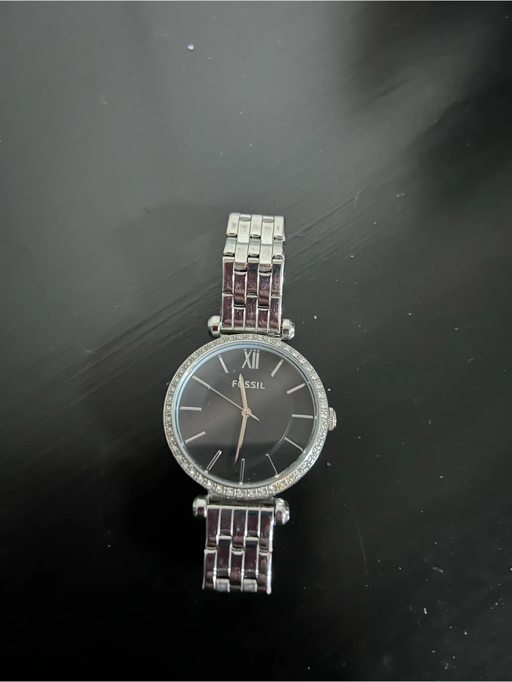 Fossil Silver and Black Women's Crystal-Trim Bracelet Watch